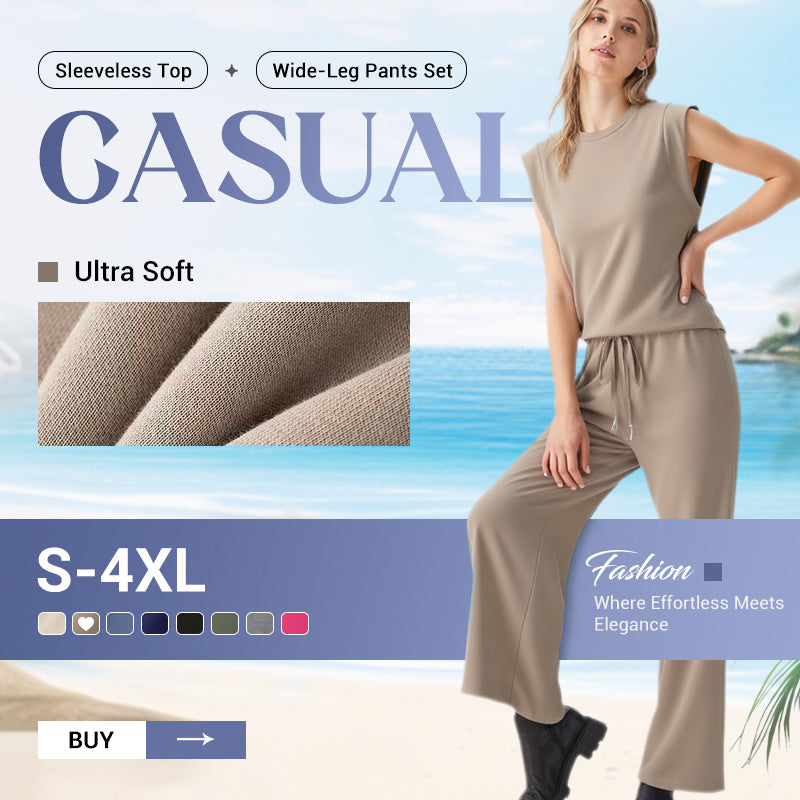2025 New casual sleeveless top and wide leg pants for women
