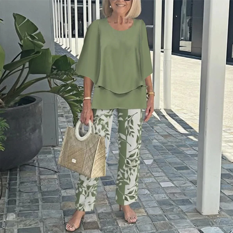 Women's Printed Pants and Crew Neck Top Set