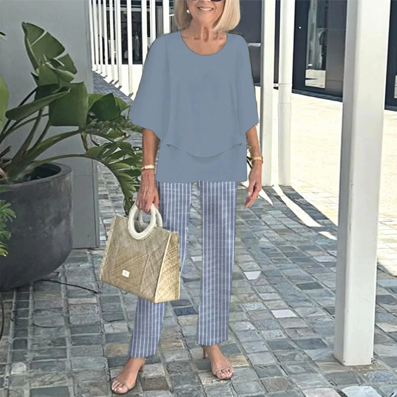 Women's Printed Pants and Crew Neck Top Set