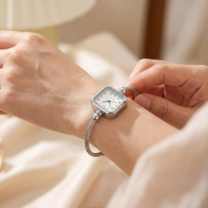 Chic Open-Cuff Bangle Watch with Square Dial